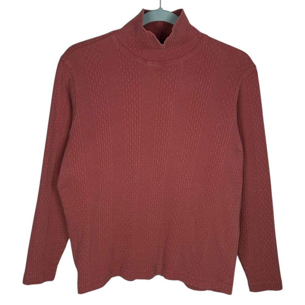 Vintage LL Bean Shirt Womens S Red Brown Ribbed Mock Neck Top Casual Base Layer